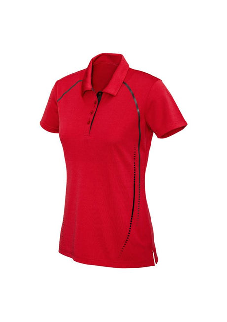 Ladies Cyber Polo in red and silver, size 8, featuring lightweight fabric, UPF protection, and antibacterial treatment.