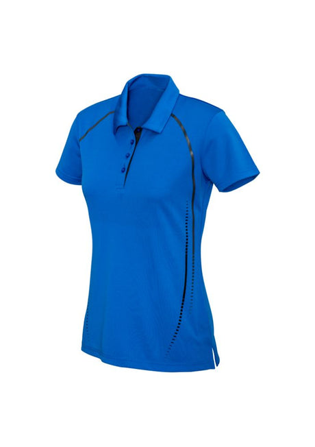 Ladies Royal/Silver Cyber Polo, size 22, featuring breathable fabric, antibacterial treatment, and stylish contrast print design.