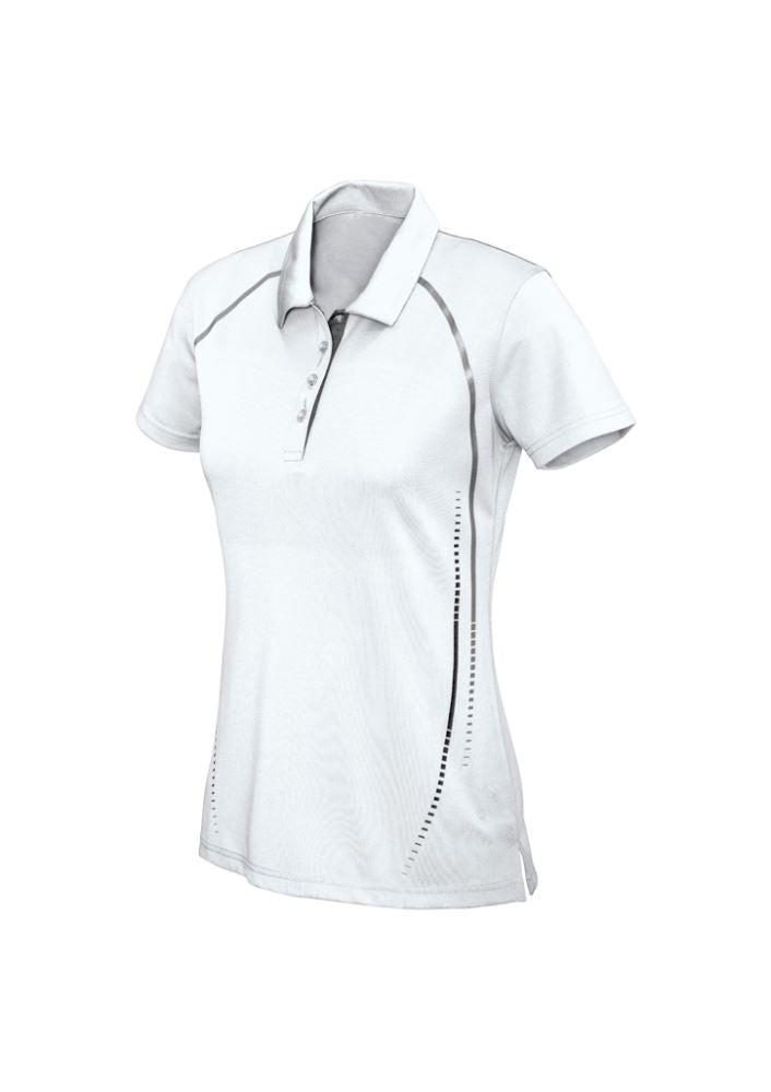 Ladies Cyber Polo in White/Silver, Size 12, featuring breathable, antibacterial fabric and modern contrast print design.