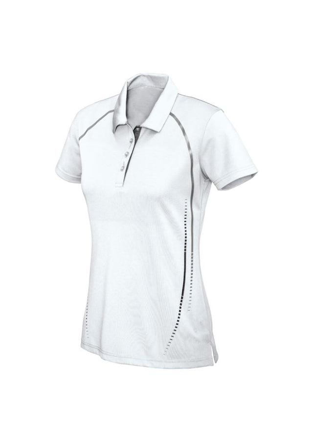 Ladies Cyber Polo in White/Silver, Size 12, featuring breathable, antibacterial fabric and modern contrast print design.