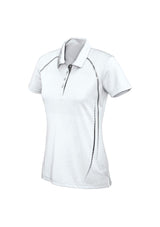 Ladies Cyber Polo in White/Silver, size 18, featuring breathable, antibacterial fabric and stylish contrast print design.
