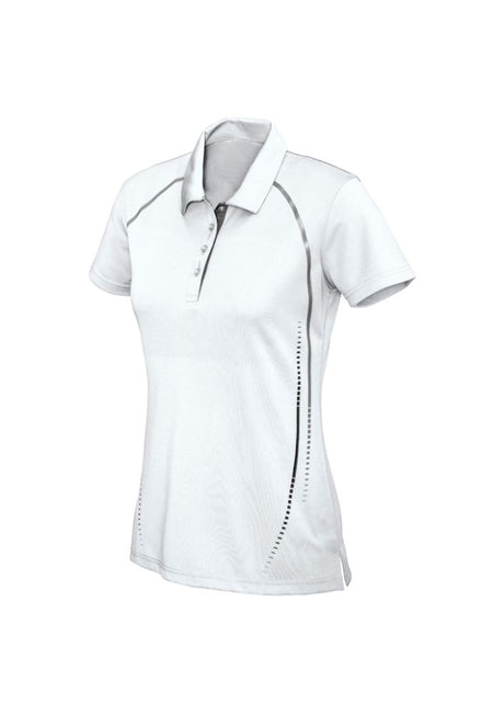 Ladies Cyber Polo in White/Silver, size 18, featuring breathable, antibacterial fabric and stylish contrast print design.