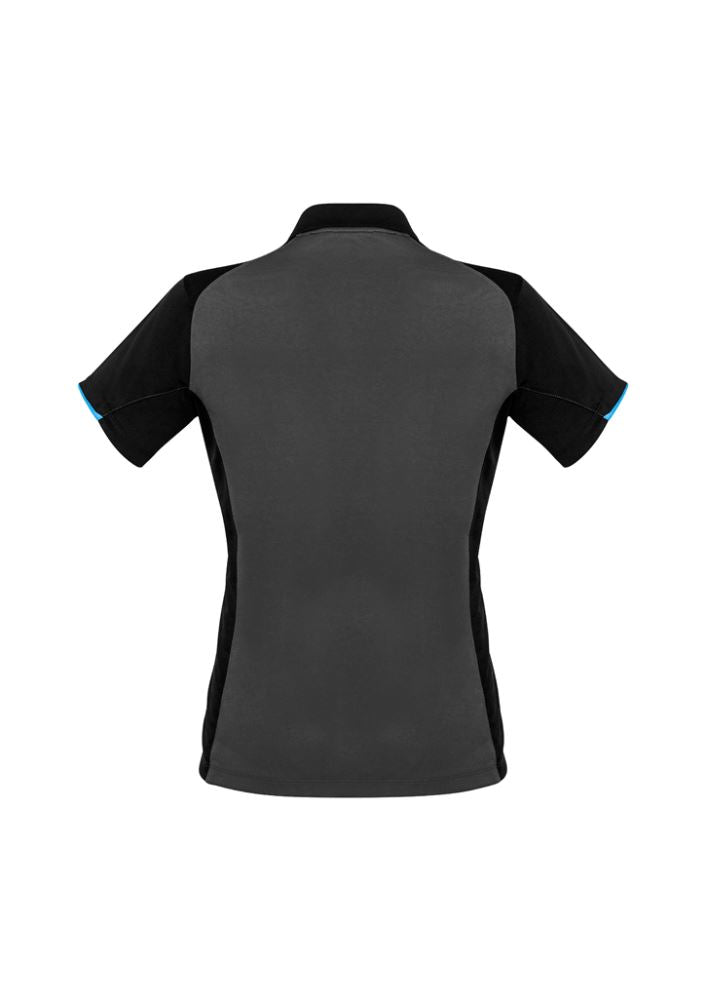Ladies Victory Polo in Black/Ash/Cyan, size 14, featuring breathable fabric, UV protection, and stylish fluoro print design.