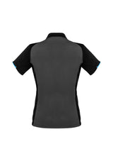 Ladies Victory Polo in Black/Ash/Cyan, size 14, featuring breathable fabric, UV protection, and stylish fluoro print design.