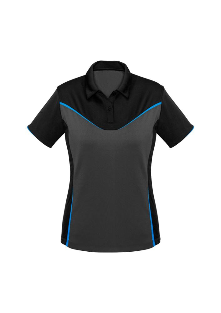 Ladies Victory Polo in Black/Ash/Cyan, size 14, featuring breathable fabric, UPF protection, and stylish fluoro prints.