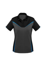 Ladies Victory Polo in Black/Ash/Cyan, size 14, featuring breathable fabric, UPF protection, and stylish fluoro prints.