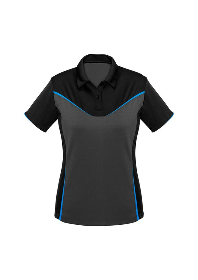 Ladies Victory Polo in Black/Ash/Cyan, size 14, featuring breathable fabric, UPF protection, and stylish fluoro prints.