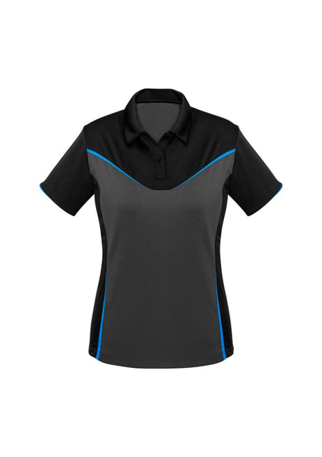 Ladies Victory Polo in Black/Ash/Cyan, Size 24, made from breathable, lightweight fabric with antibacterial treatment and vibrant design.