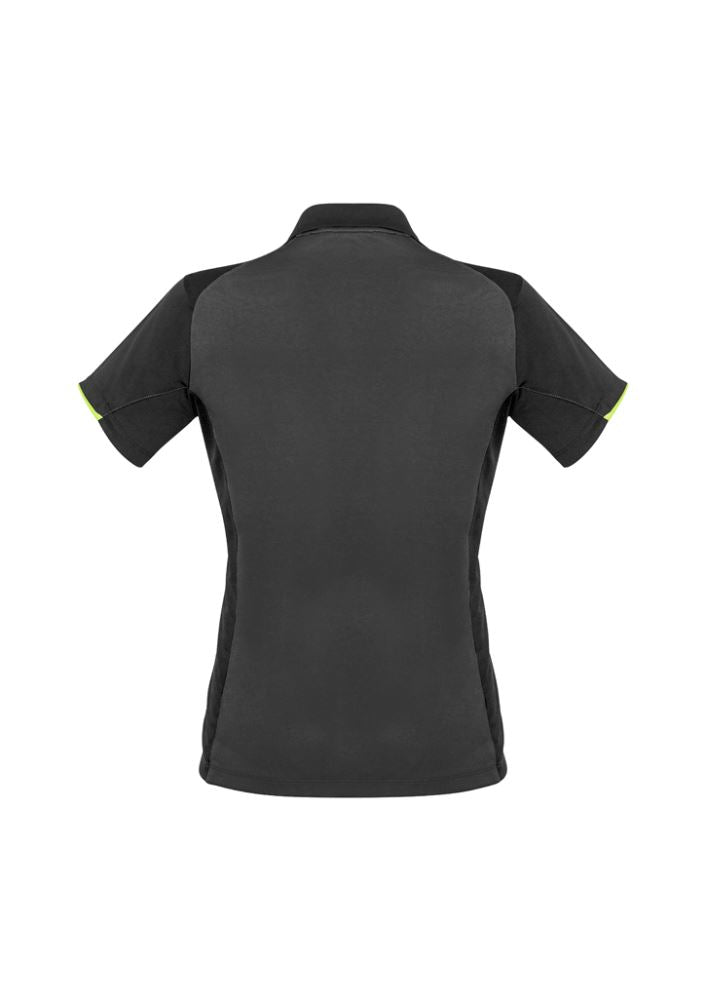 Ladies Victory Polo in Grey/Ash/Fluoro Yellow, size 8, featuring breathable fabric, antibacterial treatment, and vibrant design.