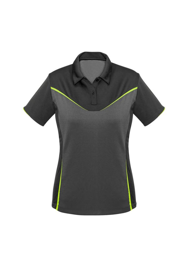 Ladies Victory Polo in Grey/Ash/Fluoro Yellow, size 8, featuring antibacterial fabric and vibrant design, perfect for active wear.