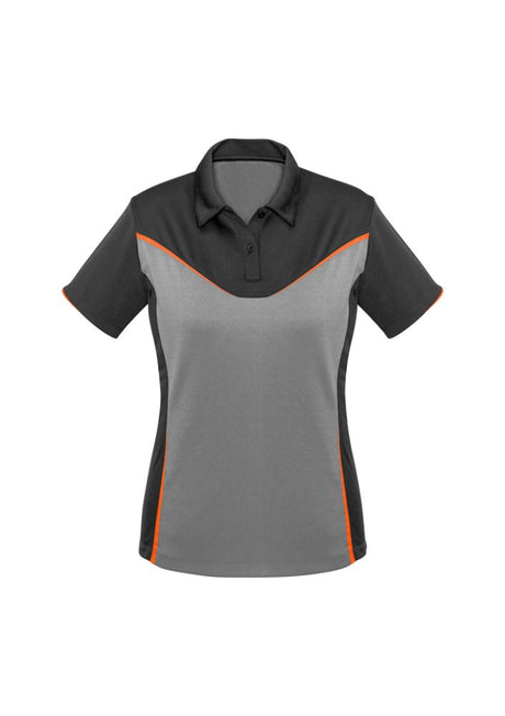 Ladies Victory Polo in Grey, Silver, and Fluoro Orange, Size 22, featuring breathable fabric and vibrant print for active wear.