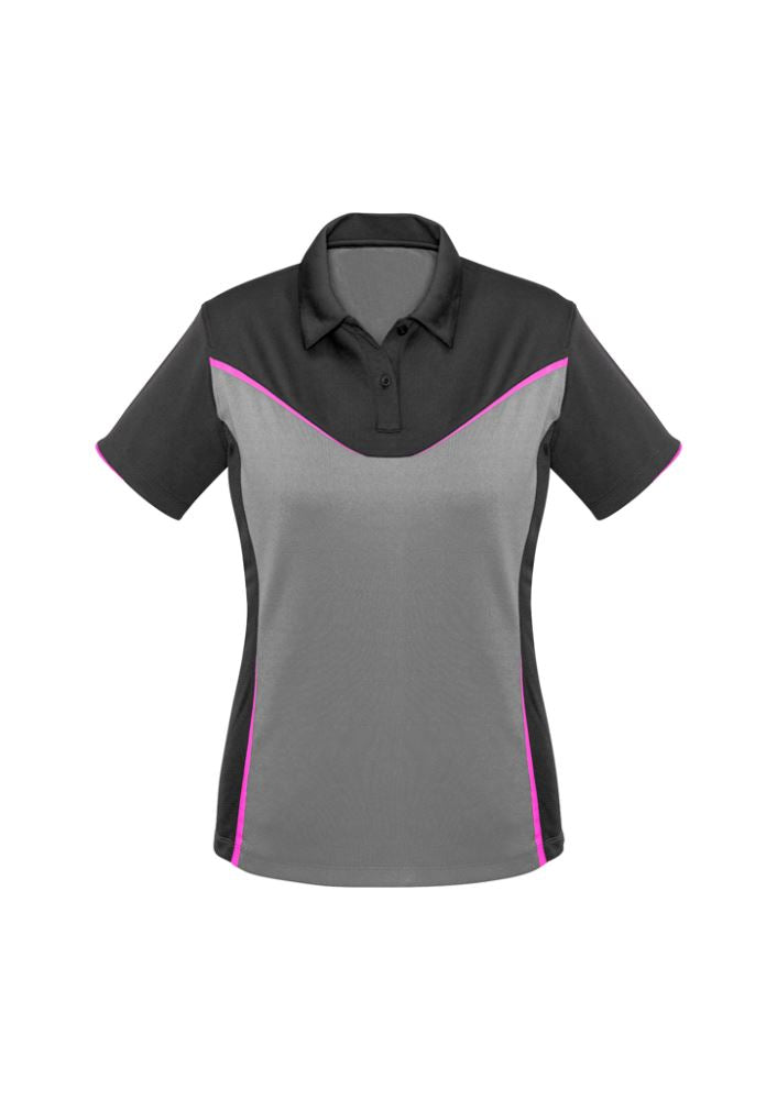 Ladies Victory Polo in Grey/Silver/Fuoro Pink, size 14, crafted for comfort with antibacterial fabric and stylish fluoro print.