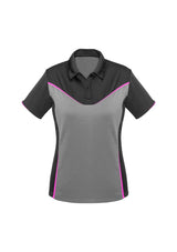 Ladies Victory Polo in Grey/Silver/Fuoro Pink, size 14, crafted for comfort with antibacterial fabric and stylish fluoro print.