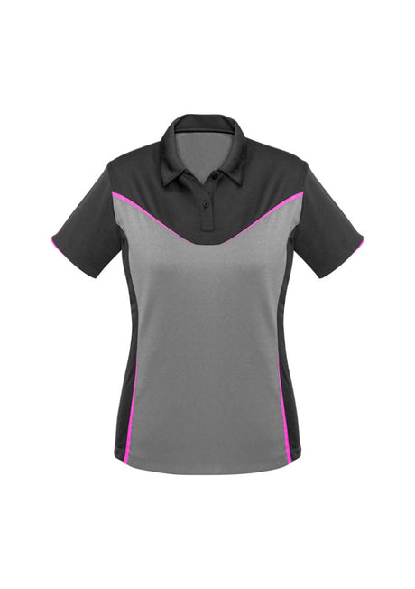 Ladies Victory Polo in Grey/Silver/Fuoro Pink, size 14, crafted for comfort with antibacterial fabric and stylish fluoro print.