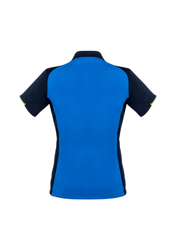 Ladies Victory Polo in Navy/Royal/Fluoro Lime, Size 22, featuring UPF protection and antibacterial fabric for active wear.