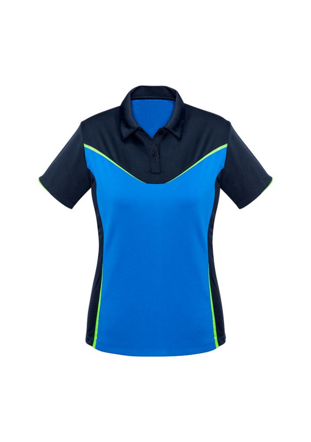 Ladies Victory Polo in navy, royal, and fluoro lime, size 14, featuring UPF protection and antibacterial fabric for active comfort.