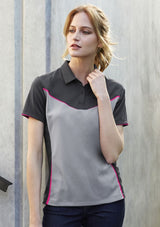 Ladies Victory Polo in Black/Ash/Cyan, size 14, featuring breathable fabric, UPF protection, and stylish fluoro print design.