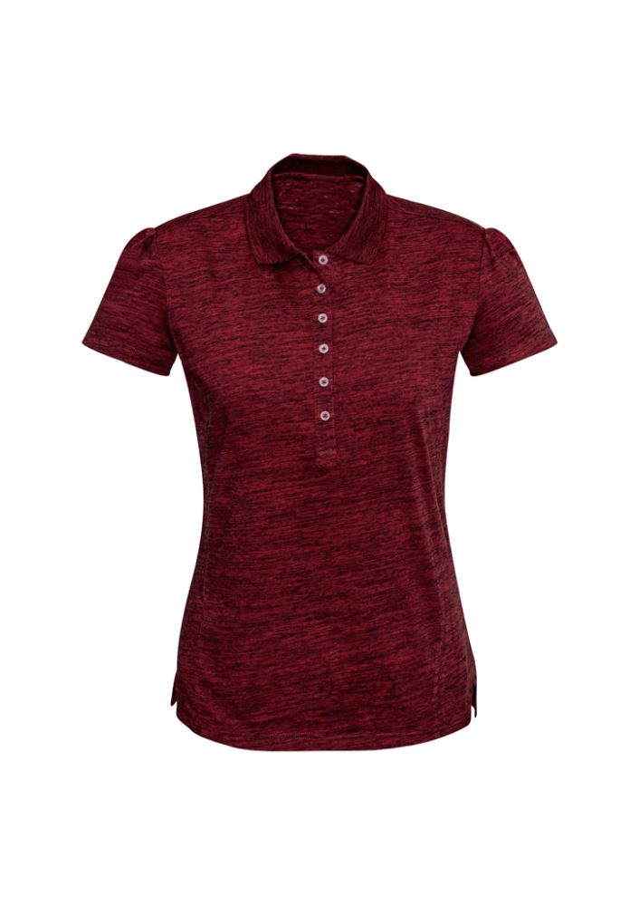 Ladies Coast Polo in Vintage Red, size 22, featuring breathable cotton fabric and elegant pleating for a flattering fit.