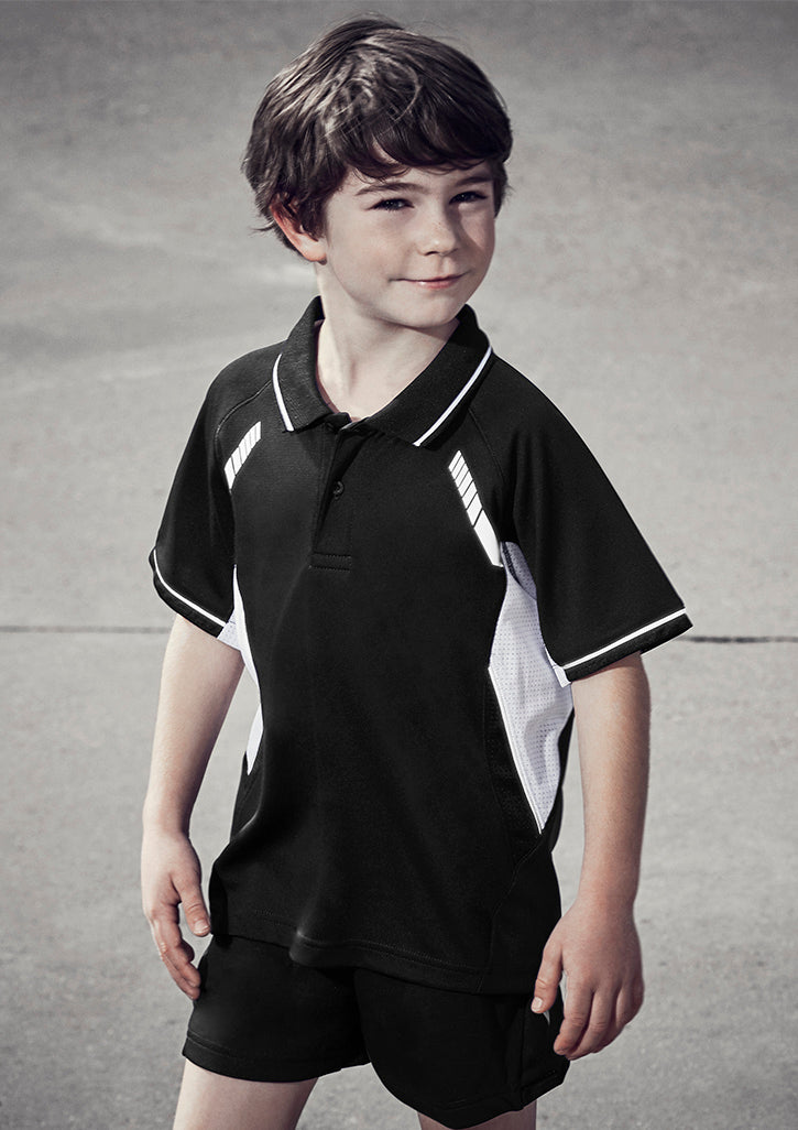 Kids Renegade Polo in Navy/Sky/Silver, size 10, featuring breathable fabric, UPF protection, and reflective trims.