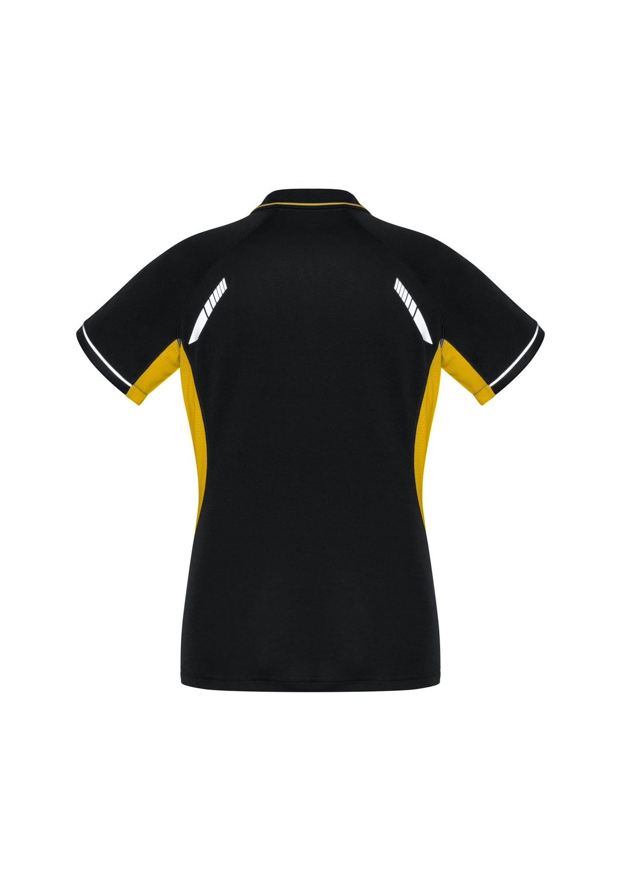 Ladies Renegade Polo in Black/Gold/Silver, size 18, featuring breathable mesh, reflective trims, and stylish collar design.