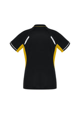 Ladies Renegade Polo in Black, Gold, and Silver, Size 14, featuring reflective trims and mesh panels for comfort and style.