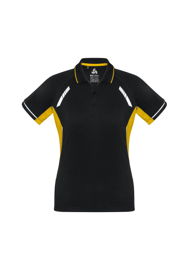 Ladies Renegade Polo in Black, Gold, and Silver, Size 18, featuring UPF protection, reflective trims, and breathable mesh panels.