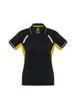 Ladies Renegade Polo in Black/Gold/Silver, Size 12, featuring reflective trims and breathable mesh for casual and active wear.