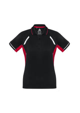 Ladies Renegade Polo in Black/Red/Silver, Size 20, featuring breathable fabric, reflective trims, and stylish collar.