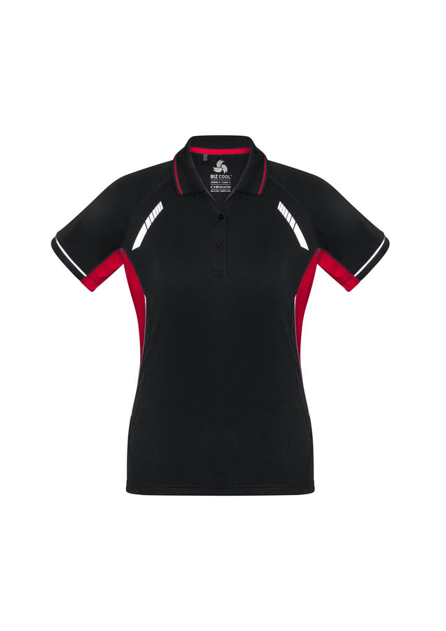 Ladies Renegade Polo in Black, Red, and Silver, size 10, featuring reflective trims and breathable mesh panels for comfort.