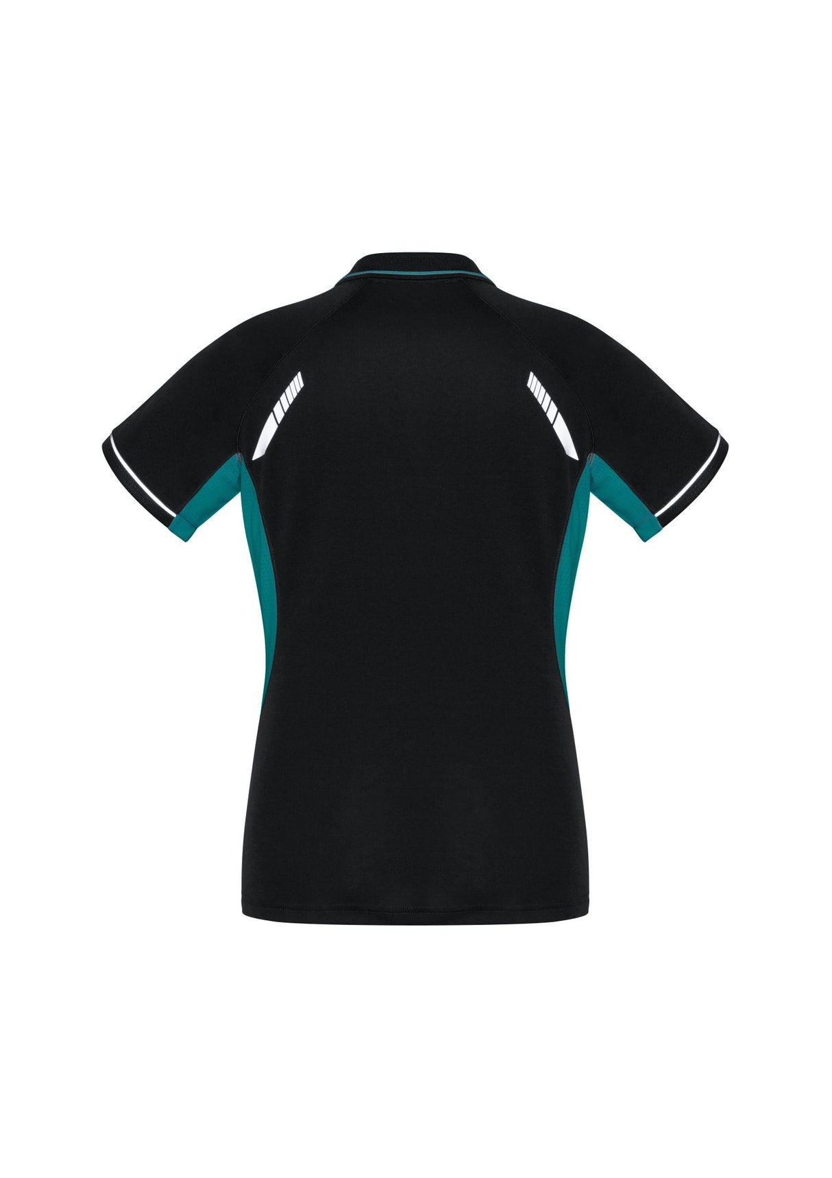 Ladies Renegade Polo in Black, Teal, and Silver, size 6, featuring breathable fabric, reflective trims, and a stylish collar.