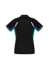 Ladies Renegade Polo in Black, Teal, and Silver, size 22, featuring breathable fabric, reflective trims, and a stylish collar.