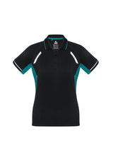 Ladies Renegade Polo in Black, Teal, and Silver, featuring breathable fabric, reflective trims, and a stylish collar.