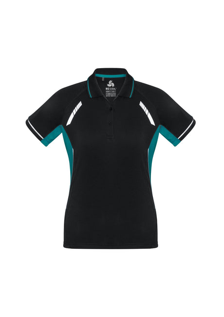 Ladies Renegade Polo in Black/Teal/Silver, size 20, featuring breathable fabric, reflective trims, and stylish design.