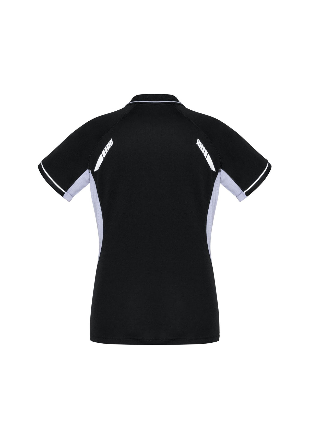 Ladies Renegade Polo in Black/White/Silver, Size 20, featuring breathable fabric, reflective trims, and a stylish knitted collar.