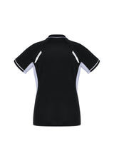 Ladies Renegade Polo in Black/White/Silver, Size 12, with reflective trims and mesh panels for comfort and style.