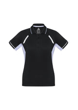 Ladies Renegade Polo in Black/White/Silver, Size 20, featuring breathable fabric, reflective trims, and stylish design.