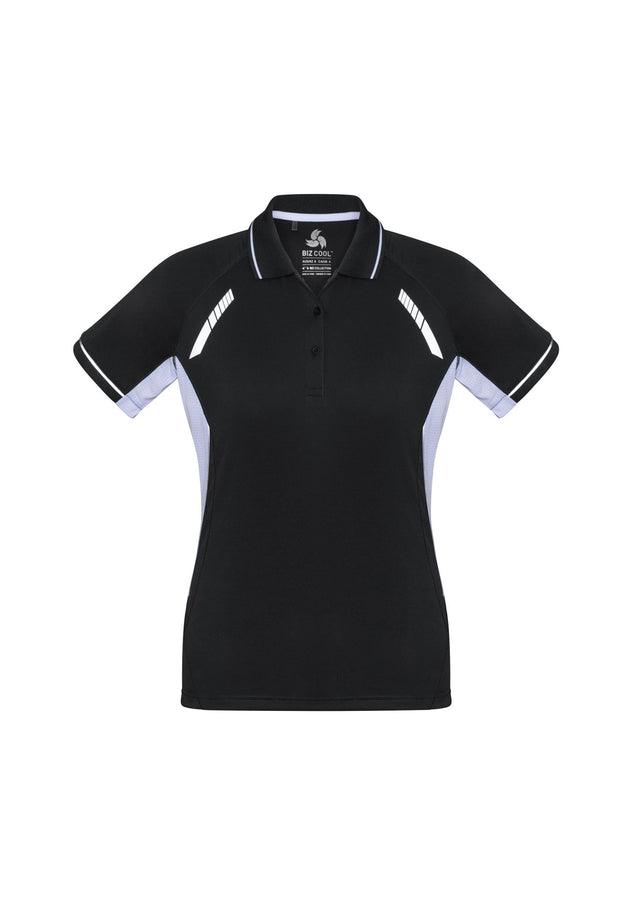 Ladies Renegade Polo in Black/White/Silver, Size 14, featuring breathable fabric, reflective trims, and stylish knitted collar.