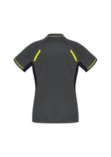Ladies Renegade Polo in grey, black, and fluoro yellow; breathable, moisture-wicking, and UPF protective activewear.