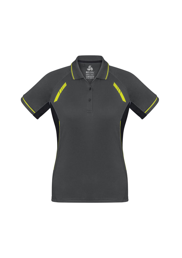Ladies Renegade Polo in Grey/Black/Fluoro Yellow, size 6, features breathable fabric, reflective trims, and stylish design.