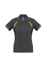 Ladies Renegade Polo in Grey/Black/Fluoro Yellow, size 20, featuring breathable fabric and reflective trims for style and UV protection.