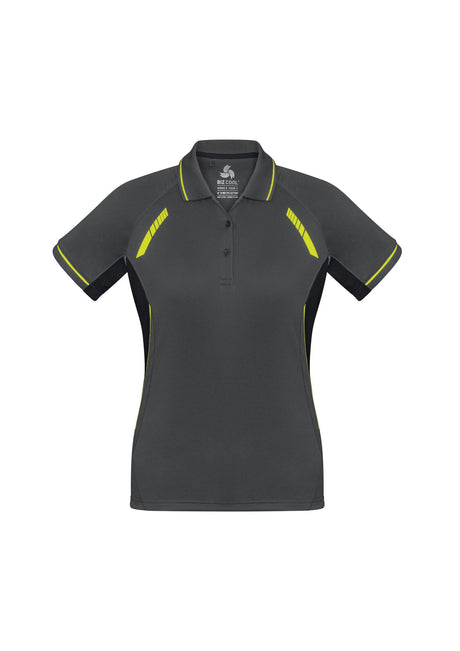 Ladies Renegade Polo in Grey/Black/Fluoro Yellow, size 20, featuring breathable fabric and reflective trims for style and UV protection.