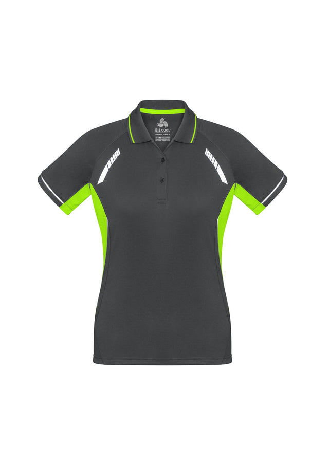 Ladies Renegade Polo in Grey/Fluoro Lime/Silver, Size 18, featuring moisture-wicking fabric and stylish reflective trims.