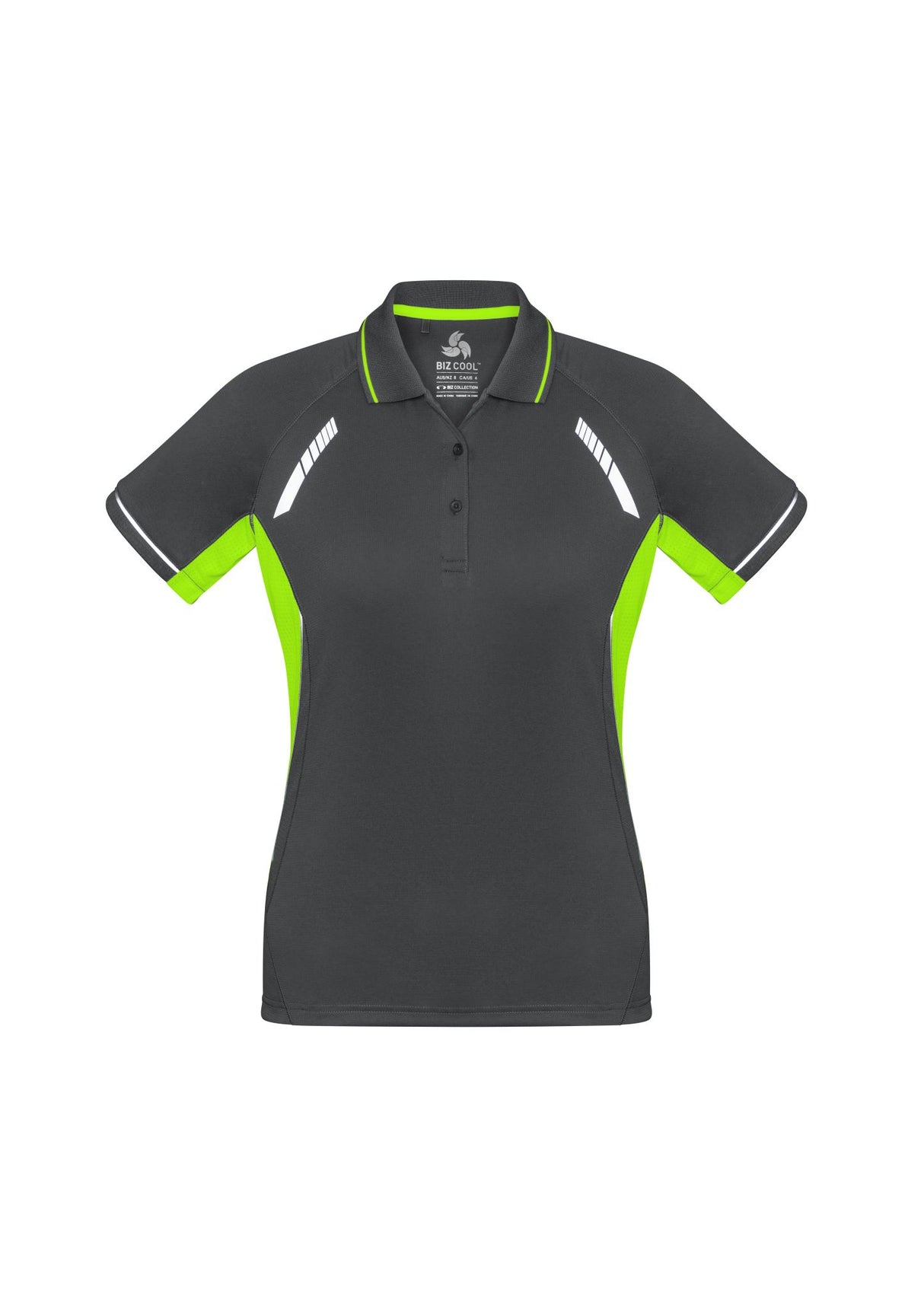 Ladies Renegade Polo in Grey, Fluoro Lime, and Silver, featuring reflective trims and mesh panels for comfort and visibility.