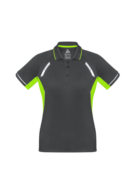 Ladies Renegade Polo in Grey/Fluoro Lime/Silver, size 22, featuring breathability, reflective trims, and mesh panels for comfort.