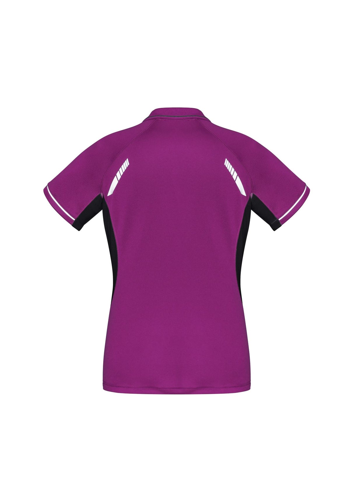 Ladies Renegade Polo in Magenta, Black, and Silver with reflective trims, crafted from breathable polyester, size 16.