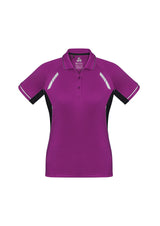 Ladies Renegade Polo in Magenta, Black, and Silver, size 14, featuring reflective trims and breathable mesh panels for comfort.