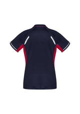 Ladies Renegade Polo in Navy/Red/Silver, size 14, featuring reflective trims, mesh panels, and stylish knitted collar.