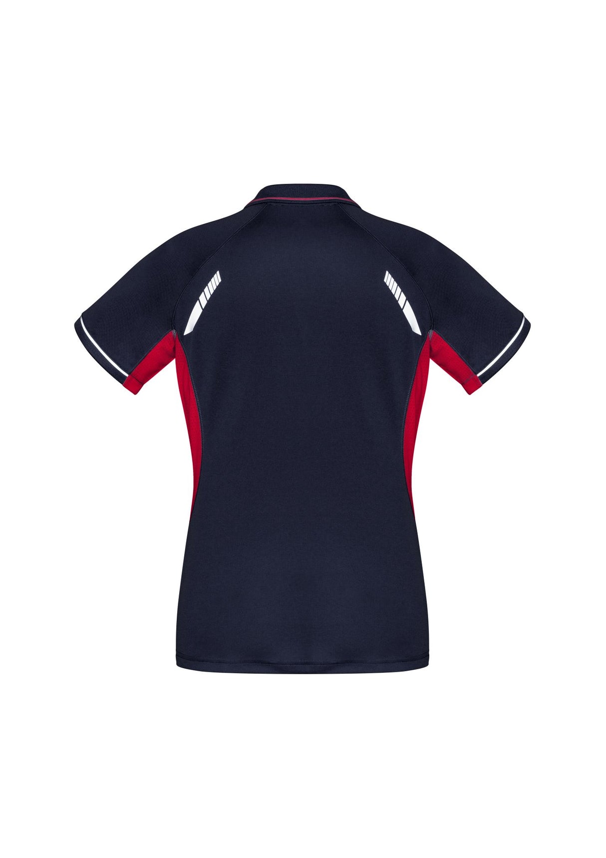 Navy/Red/Silver Ladies Renegade Polo, Size 18, with reflective trims and mesh panels for comfort and style.