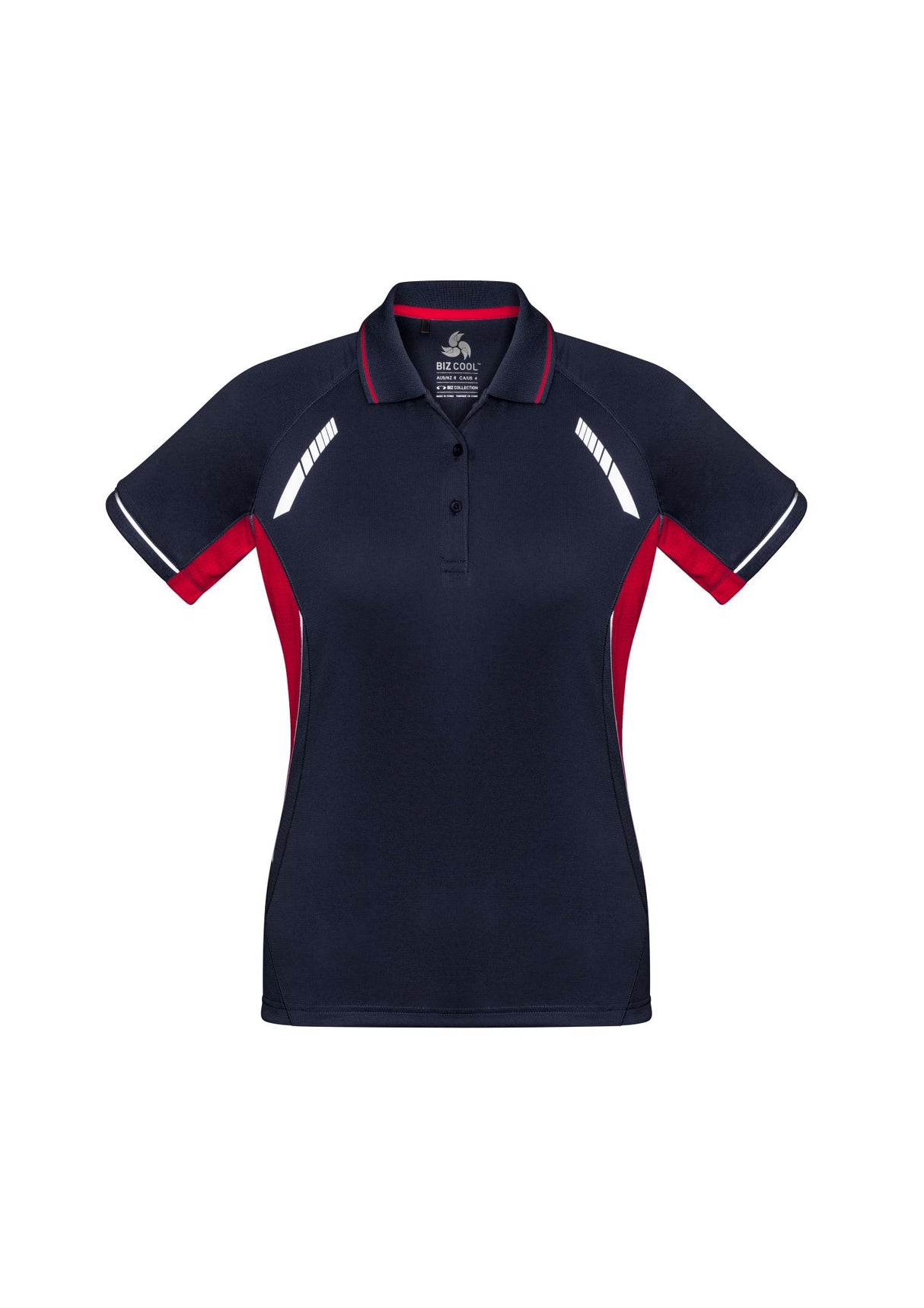 Ladies Renegade Polo in Navy, Red, and Silver, size 22, featuring breathable fabric, mesh panels, and stylish reflective trims.