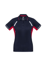 Ladies Renegade Polo in navy, red, and silver, featuring mesh panels, reflective trims, and a stylish knitted collar. Size 24.